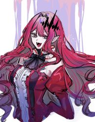  1girl baobhan_sith_(fate) baobhan_sith_(first_ascension)_(fate) breasts detached_sleeves dress fangs fate/grand_order fate_(series) frilled_dress frills grey_eyes hair_ornament hana_hanada highres long_hair looking_at_viewer open_mouth pink_hair pointy_ears red_dress sidelocks smile solo 