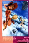  2girls arm_up bare_shoulders black_eyes black_hair broom broom_riding brown_hair clouds cloudy_sky dress floating_island hand_on_hat hat multiple_girls open_mouth original red_dress short_hair skirt sky smile witch_hat 