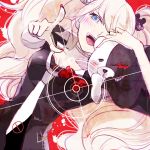  1girl blue_eyes blush dangan_ronpa enoshima_junko long_hair lowres monokuma necktie pink_hair smile solo spoilers twintails 