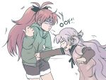  2girls anger_vein fang hoodie long_hair mahou_shoujo_madoka_magica_movie momoe_nagisa multiple_girls neeza ponytail punching purple_hair redhead sakura_kyouko shorts two_side_up 