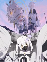  4girls absurdres blindfold blue_archive blush closed_eyes colored_skin commentary_request cowboy_shot doodle_sensei_(blue_archive) ein_(blue_archive) head_tilt highres hug hug_from_behind imagining jacket ll_dal long_hair long_sleeves malkuth_(blue_archive) mask miniskirt multiple_girls ohr_(blue_archive) school_uniform sensei_(blue_archive) short_hair skirt sky sof_(blue_archive) standing tiphareth_(blue_archive) twintails white_hair white_skin yellow_eyes 