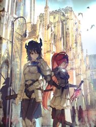  2girls absurdres advarcher ahoge armor asymmetrical_horns bird black_hair black_horns black_pantyhose blue_hair boots breastplate breasts building colored_inner_hair demon_horns dress elizabeth_rose_bloodflame gloves highres holding holding_sword holding_weapon hololive hololive_english horns long_hair medium_breasts mole mole_under_eye multicolored_hair multiple_girls nerissa_ravencroft pantyhose ponytail red_eyes red_hair scabbard sheath shoulder_armor skirt sword two-tone_hair uneven_horns very_long_hair virtual_youtuber weapon 