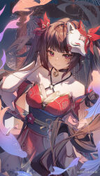  1girl bare_shoulders bell black_choker black_hair black_sash blunt_bangs breasts brown_hair chinese_commentary choker collarbone commentary_request cowboy_shot criss-cross_halter detached_sleeves dress fireworks fox_mask gloves halterneck hand_in_own_hair highres honkai:_star_rail honkai_(series) japanese_clothes long_hair looking_at_viewer mask mask_on_head neck_bell pink_eyes red_dress red_sleeves sash smile solo sparkle_(honkai:_star_rail) twintails xiangyou_mi_tuan 