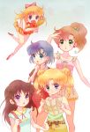  5girls aino_minako apple bag bishoujo_senshi_sailor_moon black_hair blonde_hair blue_eyes blue_hair bow bread brown_hair double_bun earrings food fruit green_eyes hair_bobbles hair_bow hair_ornament hino_rei jewelry kino_makoto mizuno_ami multiple_girls open_mouth pamphlet ponytail reading shoulder_bag simple_background sora_(pikasora) sweat tripping tsukino_usagi twintails violet_eyes younger 