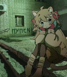  1girl :3 ahoge air_conditioner animal_ears aqua_scarf black_pantyhose blue_eyes boots brown_boots brown_skirt cardigan cat_ears cat_girl cat_tail closed_mouth commentary english_commentary from_side full_body gloves hair_between_eyes hair_ribbon highres long_hair long_sleeves looking_at_viewer neuro-sama pantyhose pasharuu photo_background red_gloves red_ribbon ribbon russian_text scarf sitting skirt snow solo stairs tail two_side_up vedal_ai virtual_youtuber yellow_cardigan 