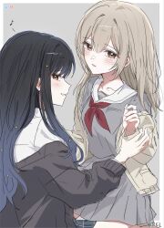  1il5il 2girls azusawa_kohane black_cardigan black_hair blue_hair brown_hair cardigan commentary gradient_hair grey_background grey_serafuku grey_shirt grey_skirt hair_ornament highres holding_another's_wrist kamiyama_high_school_uniform_(project_sekai) long_hair miyamasuzaka_girls'_academy_school_uniform multicolored_hair multiple_girls parted_lips pleated_skirt project_sekai sailor_collar school_uniform serafuku shiraishi_an shirt simple_background sitting sitting_on_lap sitting_on_person skirt smile star_(symbol) star_hair_ornament untranslatable_commentary white_sailor_collar white_shirt yuri 