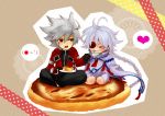  &gt;_&lt; :&gt; ahoge blazblue cake feeding food heart heterochromia nu-13 pie ragna_the_bloodedge silver_hair 