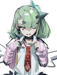 1girl absurdres arm_warmers blush breast_pocket choker collared_shirt commentary green_eyes green_hair hair_ornament hdk_moon heart highres mechanical_wings necktie open_mouth pocket red_necktie shirt striped_arm_warmers sunna_(zenless_zone_zero) white_shirt wings zenless_zone_zero 