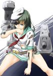  1girl black_hair blue_eyes blush eyepatch green_hair gun hat highres kantai_collection kiso_(kantai_collection) long_hair multiple_girls niwatazumi personification sailor_collar school_uniform serafuku short_hair skirt smile solo torn_clothes weapon 