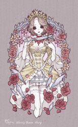  0sea0dove 1girl black_eyes breasts breasts_apart brown_background brown_hair character_name commentary_request crinoline cropped_legs crown dress dress_flower earrings elbow_gloves facial_mark flower frilled_dress frills gem glass_shards gloves gown hair_flower hair_ornament high-low_dress highres holding holding_flower holding_knife identity_v jewelry knife looking_at_viewer mary_(bloodbath)_(identity_v) mary_(identity_v) necklace official_alternate_costume ornate_ring outside_border oval_border parted_lips petals red_flower red_gem red_lips red_petals red_rose ring rose rose_petals short_hair simple_background small_breasts smile solid_eyes solo standing swept_bangs thigh-highs three-quarter_sleeves white_gloves white_thighhighs wide_sleeves yellow_dress yellow_flower yellow_rose 