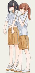  2girls absurdres black_hair blush_stickers breasts brown_eyes brown_hair brown_shorts closed_mouth commentary_request grey_background grey_shirt gym_uniform highres kopaka_(karda_nui) lifting_person multiple_girls no_socks original parted_lips ponytail red_eyes shadow shirt shoes short_sleeves shorts simple_background small_breasts standing uwabaki white_shoes 