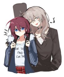  2girls black_sweater blue_eyes blue_jacket brown_hair commentary girls_band_cry grey_eyes grey_hair guitar_case hair_between_eyes highres instrument_case instrument_case_on_back iseri_nina jacket kawaragi_momoka long_hair long_sleeves low_twintails multiple_girls one_eye_closed open_clothes open_jacket open_mouth pealerprpr shirt short_hair short_twintails sweater twintails untranslatable_commentary white_shirt 