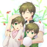  3boys blush brown_hair child closed_eyes cotton_candy flower free! green_eyes male multiple_boys short_hair smile sweater tachibana_makoto tears time_paradox wink young 