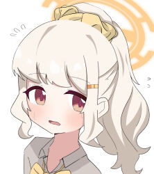  1girl aoba_(blue_archive) blue_archive bow bowtie commentary_request grey_shirt hairband halo highres looking_at_viewer medium_hair nervous nervous_sweating open_mouth samejiro_oekk shirt simple_background solo sweat sweatdrop tearing_up white_background white_hair yellow_bow yellow_bowtie yellow_hairband yellow_halo 