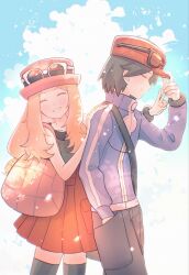  1boy 1girl backwards_hat black_hair blue_jacket brown_hair calem_(pokemon) eyewear_on_headwear hat highres jacket light_smile pokemon pokemon_x_and_y red_hat serena_(pokemon) shyu_(lozelia_shyu) sunglasses turtleneck turtleneck_jacket 