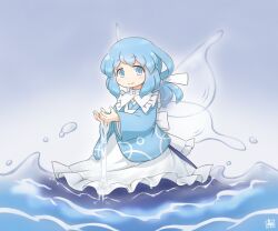  1girl apron artist_logo blue_eyes blue_hair blue_kimono blue_skirt bow capelet commentary_request elsie_(kitagawa_suigetsu) fairy fairy_wings frilled_apron frilled_capelet frills grey_background hair_bow japanese_clothes kimono kitagawa_suigetsu logo looking_at_viewer low_ponytail original ponytail skirt solo transparent_wings wading waist_bow water white_apron white_bow white_capelet wings 