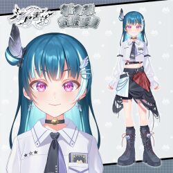  1girl bike_shorts black_boots blue_hair blush boots character_name choker commentary_request earrings english_text feathers hair_ornament highres jewelry logo long_sleeves love_live! love_live!_sunshine!! midriff multicolored_hair necktie official_art pentagram pink_eyes puffy_sleeves shorts simple_background smile sotomach star_(symbol) tsushima_yoshiko violet_eyes white_hair wings 