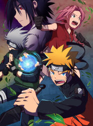  1girl 3boys anah_41 black_gloves black_hair black_pants blonde_hair blue_eyes breasts commentary english_commentary facial_mark fingerless_gloves forehead_protector gloves green_eyes green_jacket grey_hair hair_over_one_eye haruno_sakura hatake_kakashi highres holding holding_knife jacket knife leaf multiple_boys naruto_(series) naruto_shippuuden open_mouth orange_jacket pants pink_hair rasengan red_eyes red_jacket short_hair spiky_hair uchiha_sasuke uzumaki_naruto whisker_markings 