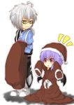  1boy 1girl :o alternate_costume arm_belt arms_up bat_wings boots glasses hands_in_sleeves hat japanese_clothes lavender_hair long_sleeves looking_at_another morichika_rinnosuke oversized_clothes parted_lips red_eyes remilia_scarlet rinnku santa_costume santa_hat semi-rimless_glasses shadow short_hair silver_hair simple_background touhou under-rim_glasses white_background wings yellow_eyes 