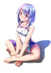  1girl absurdres blue_hair competition_swimsuit goggles goggles_around_neck highres indian_style kukuri_(ahagon) one-piece_swimsuit original sitting swimsuit violet_eyes wet 