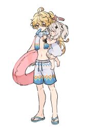  1boy 1girl aether_(genshin_impact) aether_(hot_springs)_(genshin_impact) ahoge bare_shoulders barefoot blonde_hair bottle closed_eyes dress flip-flops flying food food_in_mouth from_side full_body genshin_impact grey_hair hair_between_eyes hair_ornament halo hands_up high_ponytail highres holding holding_bottle holding_swim_ring innertube long_hair looking_at_another mechanical_halo medium_hair navel official_alternate_costume official_alternate_hairstyle open_mouth paimon_(genshin_impact) paimon_(hot_springs)_(genshin_impact) pink_halo ponytail popsicle popsicle_in_mouth sandals satou_(satopurin33) shorts side_ponytail sidelocks simple_background sleeveless sleeveless_dress smile standing star_(symbol) star_hair_ornament swim_ring toenails topless_male towel towel_around_neck white_background white_dress white_shorts yellow_eyes 