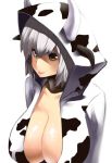  1girl absurdres breasts cleavage cow_horns cow_print doku-chan_(dokkudokudoku) grey_eyes highres hoodie horns large_breasts lips looking_at_viewer original short_hair silver_hair simple_background smile solo white_background 