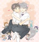  4boys 4girls aida_kensuke animal_ears ayanami_rei blue_eyes brown_hair cat_ears cat_tail chibi fujiharu_(akamine) grey_hair horaki_hikari hug ikari_shinji makinami_mari_illustrious male multiple_boys multiple_girls nagisa_kaworu neon_genesis_evangelion open_mouth rebuild_of_evangelion red_eyes school_uniform short_hair smile souryuu_asuka_langley suzuhara_touji tail wink yaoi 