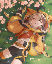  1girl ahoge animal_ears arm_up bike_shorts black_gloves black_shorts blonde_hair brown_hair cherry_blossoms closed_eyes clothing_cutout commentary_request fingerless_gloves flower from_above fuyuu_seibutsu gigi_murin gigi_murin_(1st_costume) gloves grass grem_(gigi_murin) hand_on_own_stomach highres hip_vent hololive hololive_english hood hoodie huge_ahoge jacket lying medium_hair multicolored_hair on_back on_ground open_mouth orange_hood orange_hoodie orange_jacket orange_shrug orange_thighhighs short_twintails shorts shrug_(clothing) sleeping solo striped_clothes striped_thighhighs thigh-highs twintails two-tone_hair virtual_youtuber 