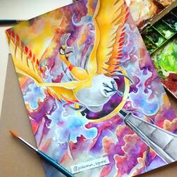  alternate_color art_tools_in_frame bird blue_fire clouds commentary english_commentary feathers fire ho-oh mofinngram no_humans open_mouth paint paintbrush painting_(medium) pokemon pokemon_(creature) pokemon_focus pokemon_omega_ruby_and_alpha_sapphire portal_(object) shiny_pokemon solo talons tongue traditional_media watercolor_(medium) yellow_eyes 