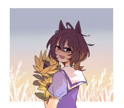  agnes_tachyon_(umamusume) ahoge animal_ears blush brown_hair earrings flower hair_between_eyes highres holding holding_flower horse_ears horse_girl jewelry looking_at_viewer medium_hair open_mouth purple_shirt red_eyes rizumah sailor_collar sailor_shirt school_uniform shirt single_earring smile solo sunflower tracen_school_uniform umamusume white_sailor_collar 