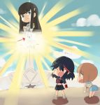  3girls chibi closed_eyes d_match junketsu kill_la_kill kiryuuin_satsuki light mankanshoku_mako matoi_ryuuko multiple_girls school_uniform senketsu serafuku 