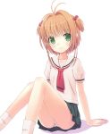  1girl ahoge arm_support blush brown_hair cardcaptor_sakura green_eyes hair_bobbles hair_intakes hair_ornament kinomoto_sakura n.g. panties pantyshot pantyshot_(sitting) school_uniform short_hair sitting skirt socks solo two_side_up underwear 