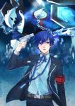  arisato_minato armband blue_eyes blue_hair evoker gun gun_to_head highres male persona persona_3 school_uniform short_hair thanatos weapon yuuki_makoto 