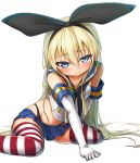  1girl blonde_hair blue_eyes blush elbow_gloves frown gloves hairband kantai_collection long_hair looking_at_viewer matokechi personification shimakaze_(kantai_collection) simple_background skirt solo striped striped_legwear thighhighs white_background 