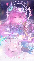  2girls absurdres bare_shoulders blue_eyes blue_gem breasts chinese_commentary coat commentary_request cyrene_(demiurge)_(honkai:_star_rail) cyrene_(honkai:_star_rail) cyrene_(philia093)_(honkai:_star_rail) dress earrings fingernails flower gem hair_flower hair_intakes hair_ornament halo halo_behind_head highres holding holding_quill honkai:_star_rail honkai_(series) jewelry large_breasts leaf_hair_ornament long_hair looking_at_viewer multicolored_hair multicolored_ribbon multiple_girls multiple_rings necklace pink_hair pink_nails planet_earrings pointy_ears purple_coat purple_flower purple_rose quill ribbon ring rose see-through_clothes see-through_veil short_hair two-tone_hair upper_body upside-down veil violet_eyes white_dress white_hair white_veil wrist_ribbon zhui_ming_jin_ge 