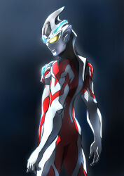 1boy alien black_background black_skin blue_gem color_timer colored_skin commentary_request forehead_jewel from_behind gem highres male_focus multicolored_skin no_pupils red_skin silver_skin simple_background solo spines taiga_hiroyuki tokusatsu ultra_series ultraman_arc ultraman_arc_(series) yellow_eyes 