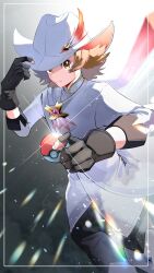  1boy black_bodysuit bodysuit bodysuit_under_clothes brown_eyes brown_hair hat_feather highres hilbert_(champion)_(pokemon) hilbert_(pokemon) holding holding_poke_ball male_focus necktie official_alternate_costume pink_necktie poke_ball pokemon pokemon_masters_ex rxoayurvvt3494 solo spiky_hair 