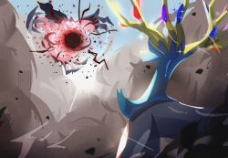  blue_sky duel dust_cloud from_behind highres naz_(hsae3838) no_humans pokemon pokemon_(creature) pokemon_focus pokemon_x_and_y powering_up sky sparkle xerneas yveltal 