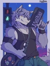  1boy \m/ animal_ears armband artist_name bicep_strap biceps black_shirt black_tank_top blue_pants blush claws commentary dog_boy dog_ears dog_tags dog_tail english_commentary english_text full_moon furry furry_male haro_neko226 highres jewelry kouya_aotsuki looking_at_viewer male_focus moon morenatsu muscular muscular_male necklace night pants pawpads pedestrian_lights shirt sleeveless sleeveless_shirt smile star_(sky) tail tank_top 