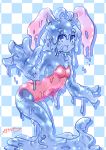  1girl absurdres animal_ears bare_shoulders blush breasts bunnysuit checkered checkered_background cleavage goo_girl highres inutokage looking_at_viewer monster_girl open_mouth original rabbit_ears smile solo 