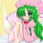 1girl :&lt; between_legs blush curtains green_eyes green_hair hair_over_one_eye kazami_yuuka kazami_yuuka_(pc-98) knees_up long_hair looking_at_viewer nightcap nightgown o_omune_(kagu8) on_bed pillow reclining ribbon solo touhou touhou_(pc-98) 