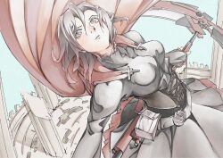  1girl belt black_dress black_hair cloak commentary_request corset crescent_rose cross-laced_clothes cross-laced_corset dress frilled_dress frilled_sleeves frills grey_eyes highres holding holding_scythe hood hooded_cloak long_sleeves multicolored_hair puruchorin red_cloak red_hair ruby_rose rwby scythe short_hair solo 