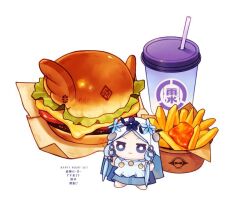  1girl burger chibi cup disposable_coffee_cup disposable_cup elden_ring elden_ring_nightreign flower_wreath food french_fries head_wreath helmet jitome libra_(elden_ring) okaka516 revenant_(elden_ring) solo veil white_veil winged_helmet wylder_(elden_ring) 