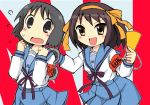  2girls armband black_eyes black_hair blush brown_eyes brown_hair cosplay crossover kyoto_animation nichijou open_mouth ribbon school_uniform shinonome_nano short_hair smile suzumiya_haruhi suzumiya_haruhi_(cosplay) suzumiya_haruhi_no_yuuutsu winding_key zubatto 