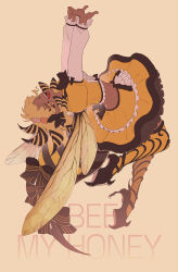  1girl arthropod_girl arthropod_tail bee_girl bee_wings black_shoes blonde_hair bow character_name commentary_request crop_top final_fantasy final_fantasy_xiv flower from_side full_body hair_bow hair_flower hair_ornament half-closed_eyes high_heels highres honey_b._lovely insect_wings korean_commentary looking_at_viewer multicolored_hair navel open_mouth outstretched_arms own_hands_together pq shirt shoes short_hair simple_background skirt smile solo tail tail_bow tail_ornament thigh-highs two-tone_hair wings yellow_background yellow_shirt yellow_skirt yellow_thighhighs yellow_wings 