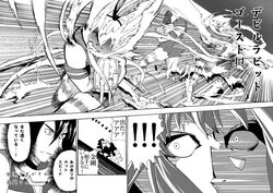  2girls bow comic elbow_gloves eyeshield_21 gloves hair_bow hairband kantai_collection kozy monochrome multiple_girls nagato_(kantai_collection) parody personification school_uniform serafuku shimakaze_(kantai_collection) translated 