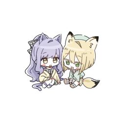  2girls animal_ears blonde_hair blue_hair blush bob_cut brown_hair cat_ears cat_girl cat_tail chibi chibi_only commentary_request emma_grace_rosenthal fox_ears fox_girl fox_tail green_eyes highres inverted_bob jougasaki_suzuran kemonomimi_mode korean_commentary long_hair medium_hair multiple_girls open_mouth sayongsa sidelocks simple_background sitting tail tayutau_koi_no_chirigiwa_ni white_background yellow_eyes 