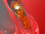  1girl blue_eyes eyepatch fujiharu_(akamine) hair_ornament long_hair neon_genesis_evangelion orange_hair oversized_object plugsuit shikinami_asuka_langley shoes solo souryuu_asuka_langley test_plugsuit 