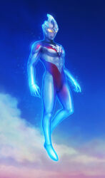  1boy absurdres alien aura black_skin blue_aura blue_gem blue_sky clouds cloudy_sky color_timer colored_skin commentary_request floating forehead_jewel gem glowing highres katou_yuu male_focus muscular muscular_male no_pupils red_skin silver_skin sky solo tokusatsu ultra_series ultraman_arc ultraman_arc_(series) yellow_eyes 