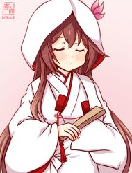  1girl alternate_costume artist_logo blush brown_hair closed_eyes commentary_request cowboy_shot dated folded_fan folding_fan hair_ornament hand_fan hooded_kimono japanese_clothes kanon_(kurogane_knights) kantai_collection kimono kisaragi_(kancolle) logo long_hair one-hour_drawing_challenge smile solo uchikake wedding white_kimono 